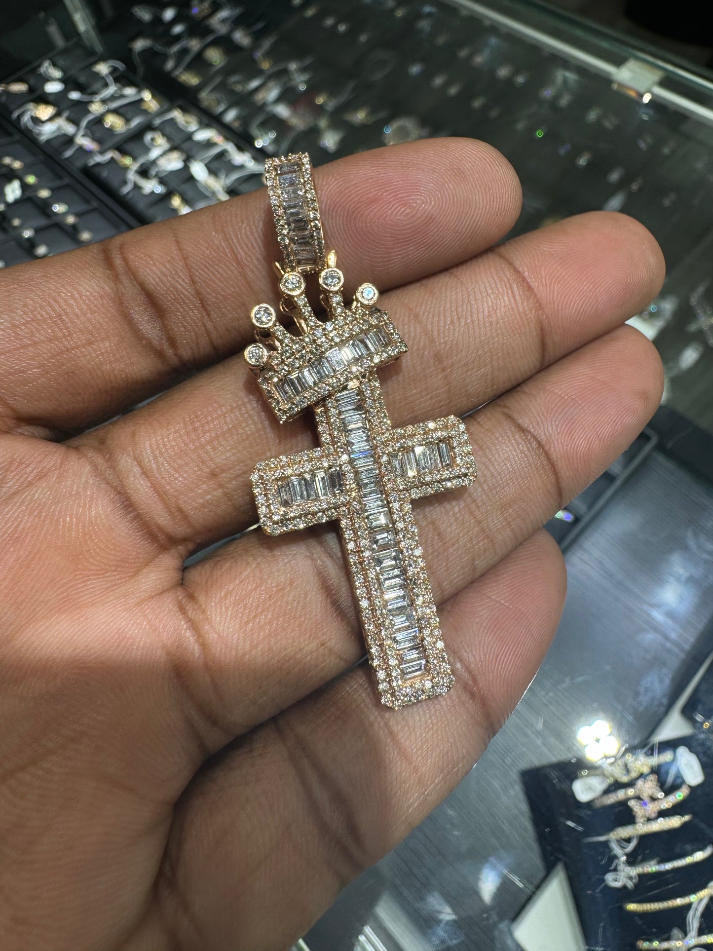 Diamond Emerald Cross With Crown Rose Gold