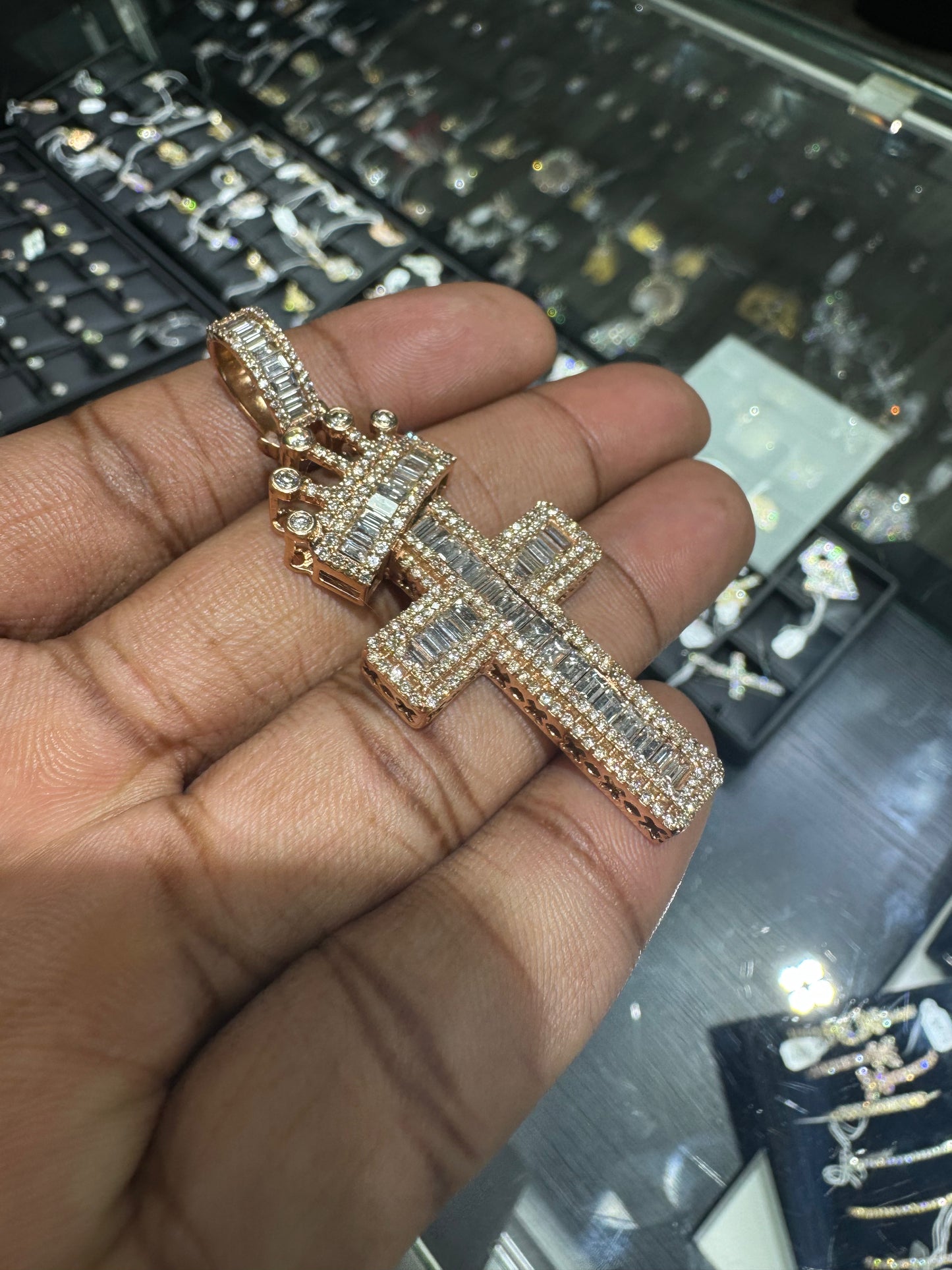 Diamond Emerald Cross With Crown Rose Gold